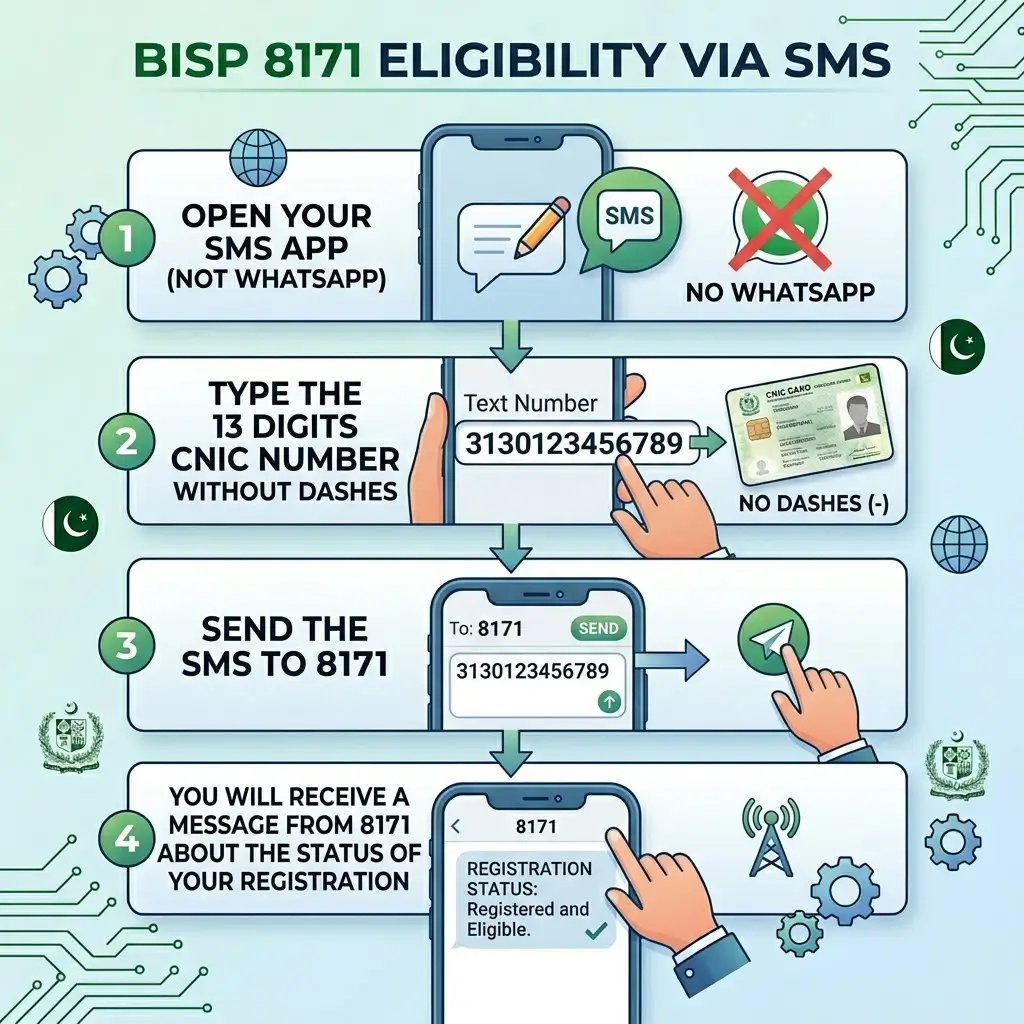 Infographic showing how to check BISP eligibility via SMS 8171 using CNIC