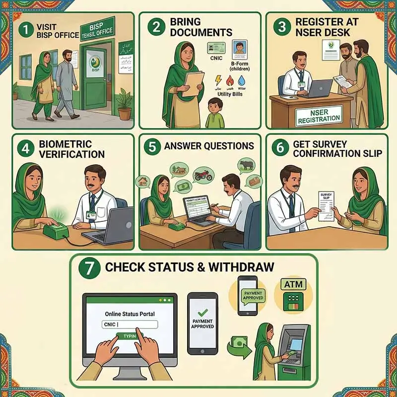 BISP 7-step guide: Visit Tehsil office with CNIC & B-Form, register at NSER desk, complete biometric and socioeconomic survey, get confirmation, check status online, and withdraw payment via ATM