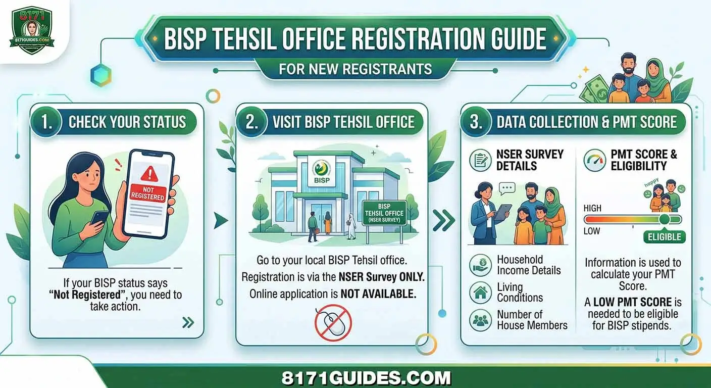 BISP 8171 registration process at Tehsil or Zonal Office in Pakistan, including required documents and NSER survey completion with nearby office finder button