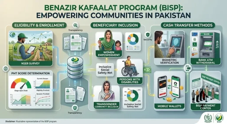 Benazir Kafaalat Program 2026 image showing eligibility criteria, PMT score system, 8171 check process, and BISP payment details