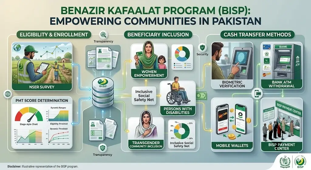 Benazir Kafaalat Program 2026 image showing eligibility criteria, PMT score system, 8171 check process, and BISP payment details