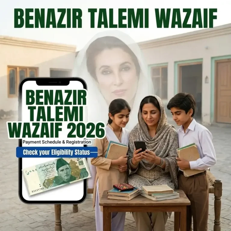 Infograph for Benazir Taleemi Wazaif 2026 eligibility, registration and payment, showing a mother and children with a phone and a 500 rupee note.
