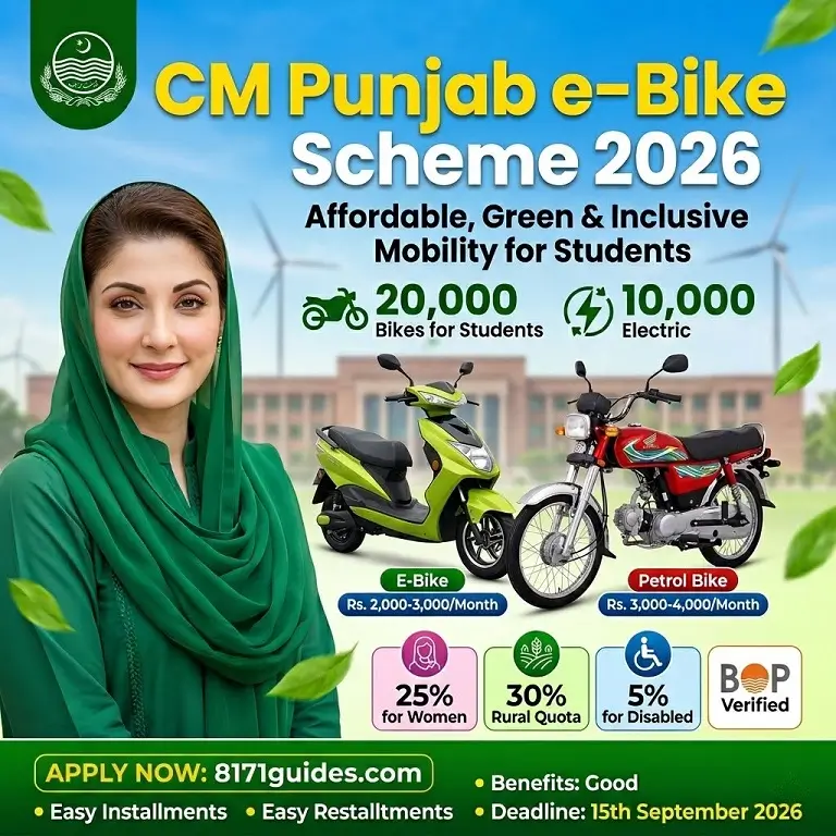 CM Punjab e bike scheme 2026 poster showing electric and petrol bikes with student benefits