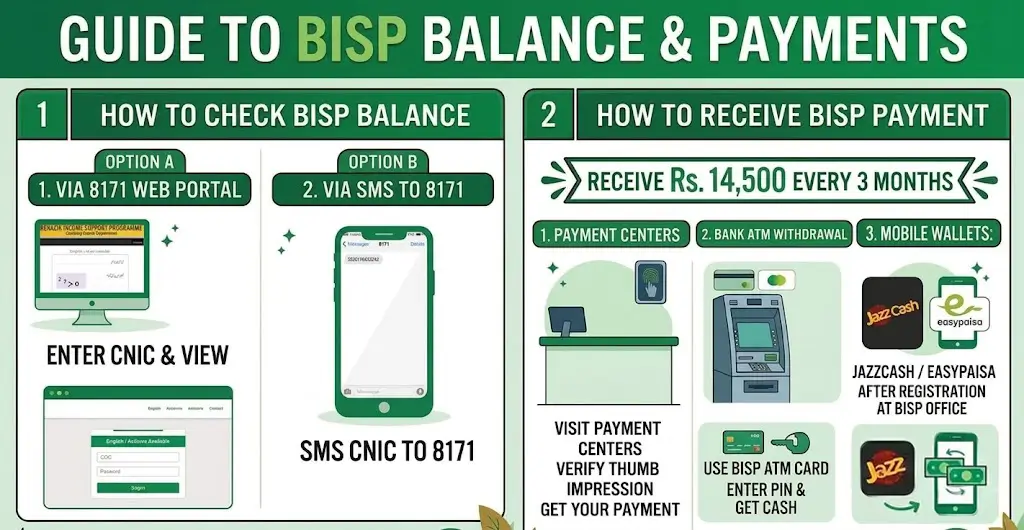 How to check BISP 8171 balance via SMS and web portal and withdraw payments using ATMs, digital wallets and BISP payment centers in Pakistan