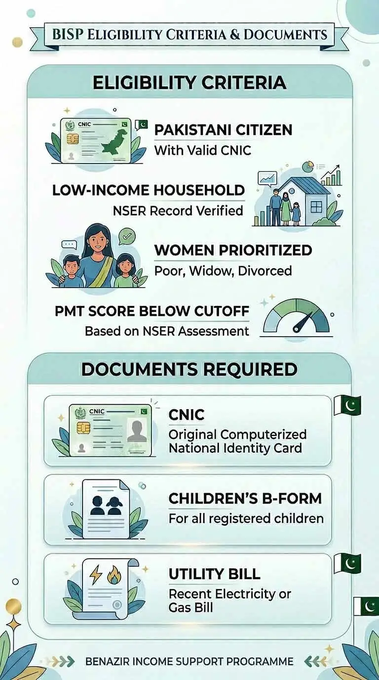 BISP 8171 eligibility criteria 2026 with PMT score check option, low income requirements and NSER database verification in Pakistan