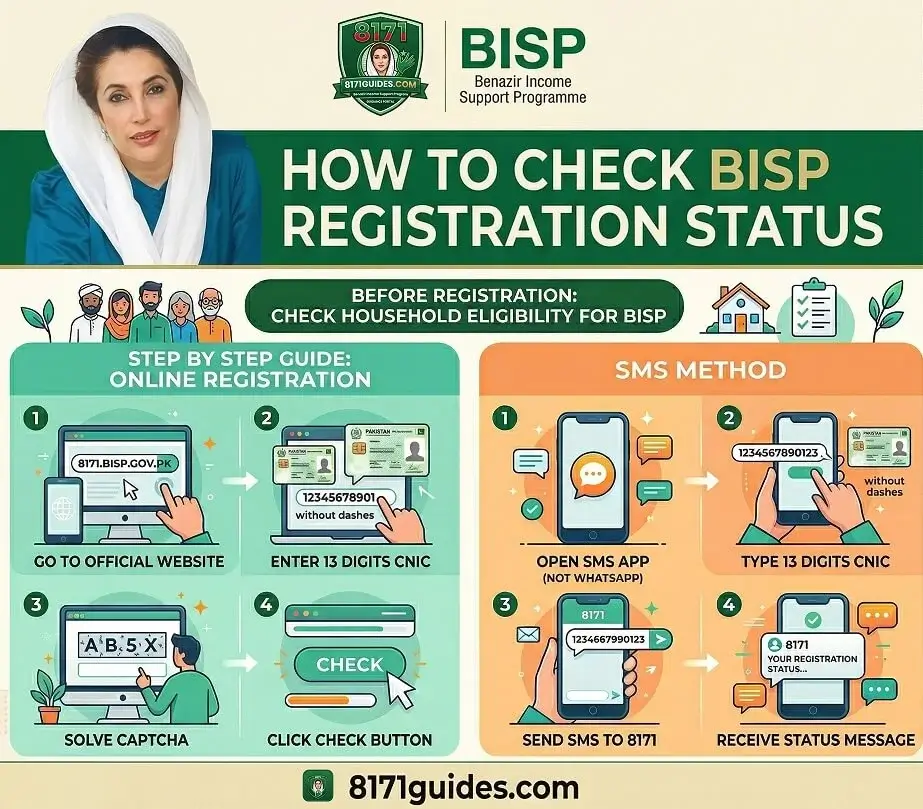 Illustration of BISP 8171 eligibility check online using CNIC with instructions for registration through 8171 web portal or 8171 SMS service in Pakistan