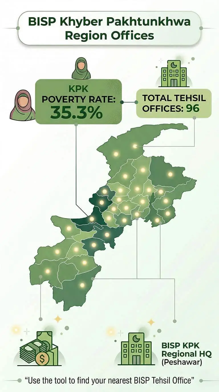 Nearests BISP Tehsil offices of Khyber Pakhtukhwa by district with poverty rate and tehsil center distribution overview